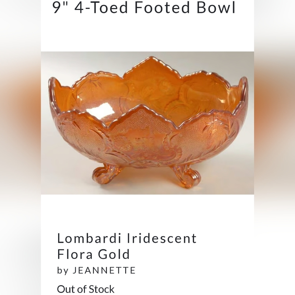 Vntg Lombardi Iridescent Flora Gold 9 5/8" 4-Toed Footed Bowl by JEANNETTE